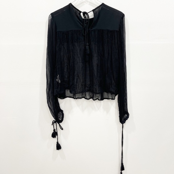 Free People Retro Femme Blouse Embroidered Beaded Black XS Sheer - Picture 14 of 14